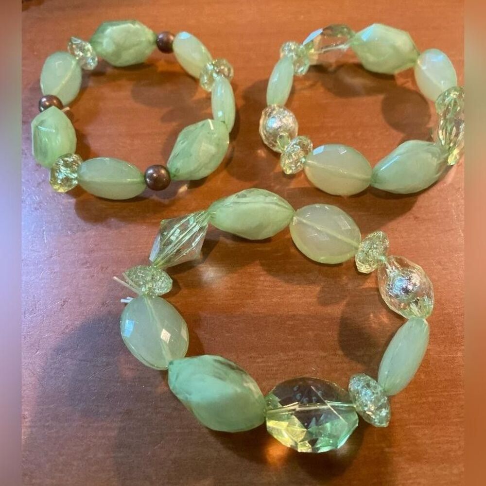 Lot 3 Green Plastic Beaded Stretch Bracelets Women’s 6.5” Inch Chunky Boho